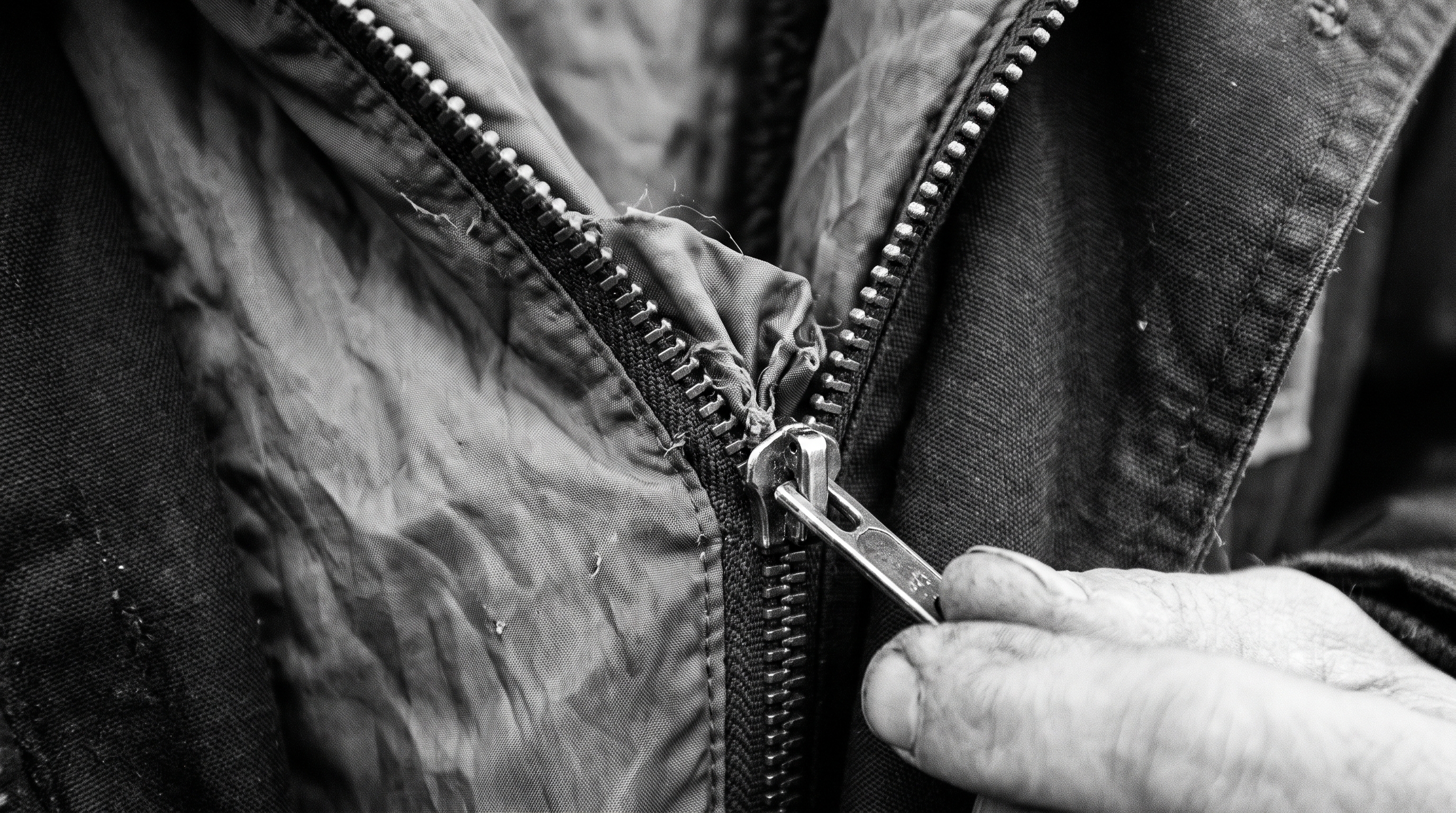 Close up of a winter coat zipper jammed and snagged